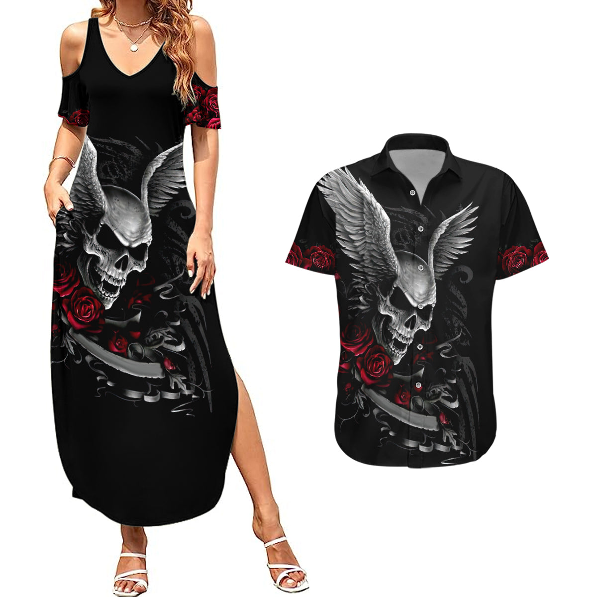 Wings Rose Skull Couples Matching Summer Maxi Dress and Hawaiian Shirt Romantic Rose Skull Wings - Wonder Print Shop