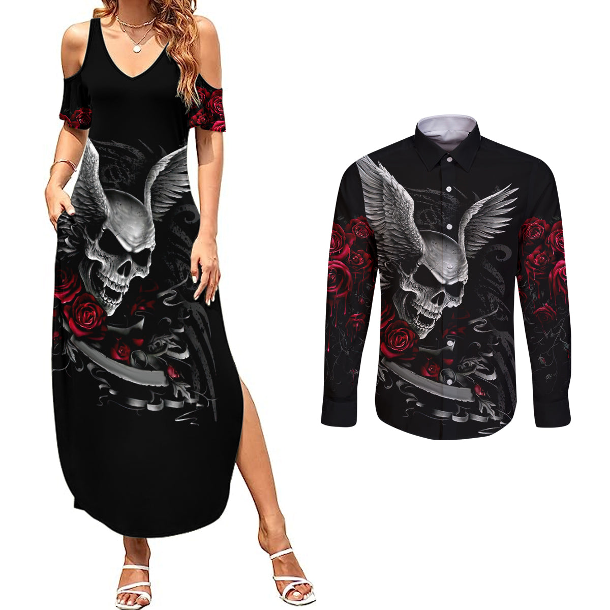 Wings Rose Skull Couples Matching Summer Maxi Dress and Long Sleeve Button Shirts Romantic Rose Skull Wings - Wonder Print Shop