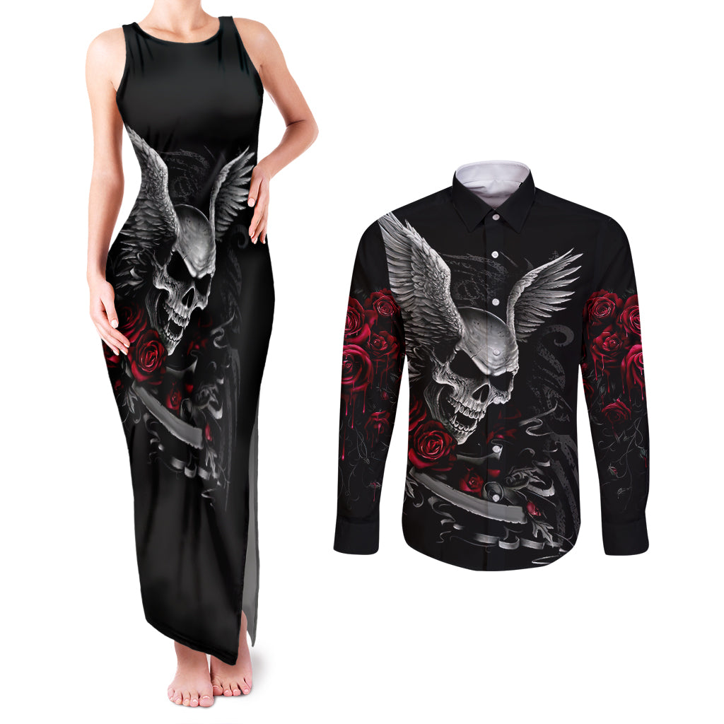 Wings Rose Skull Couples Matching Tank Maxi Dress and Long Sleeve Button Shirts Romantic Rose Skull Wings - Wonder Print Shop