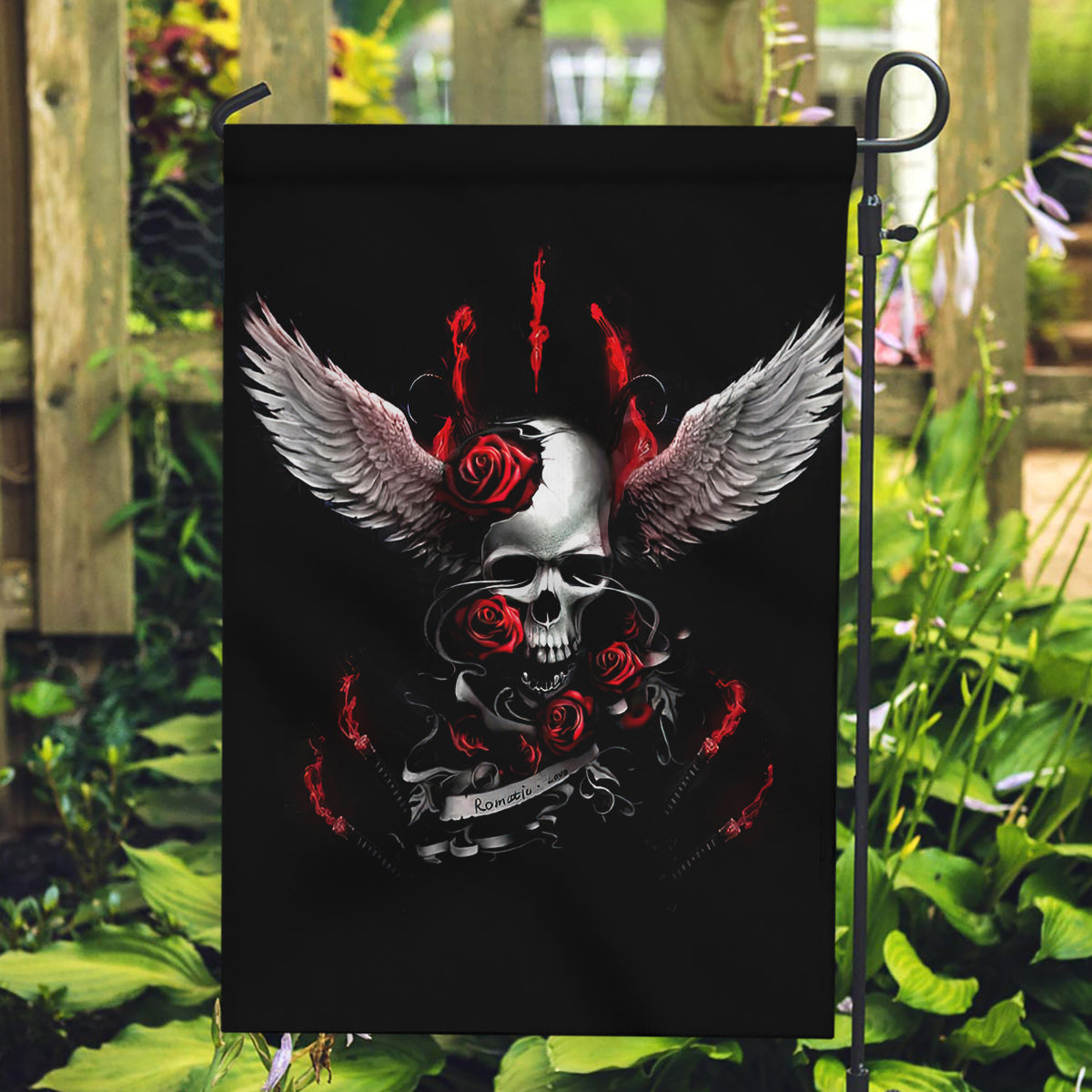 Wings Rose Skull Garden Flag Romantic Rose Skull Wings - Wonder Print Shop