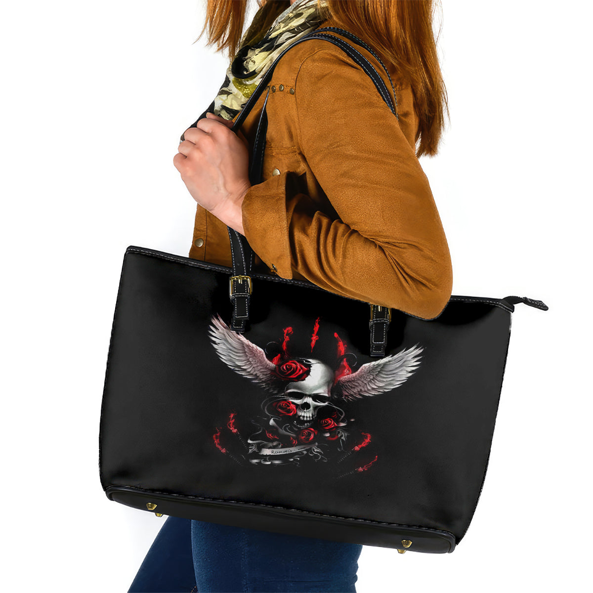 Wings Rose Skull Leather Tote Bag Romantic Rose Skull Wings - Wonder Print Shop