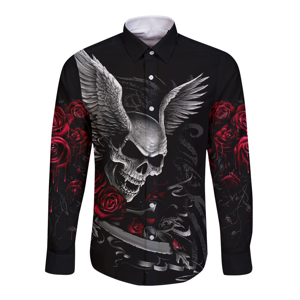 Black long sleeve button shirt with skull, angel wings, and red roses graphic