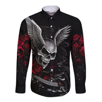 Black long sleeve button shirt with skull, angel wings, and red roses graphic
