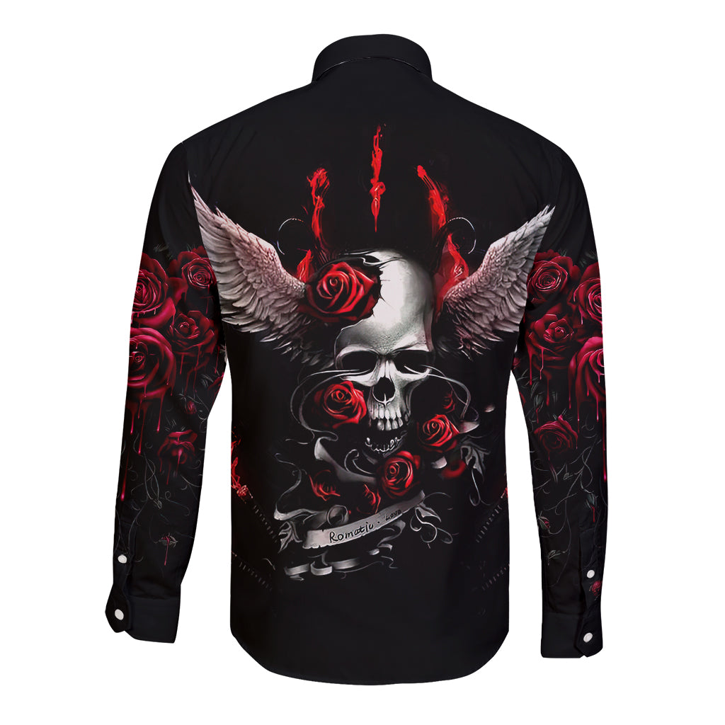Black long sleeve button shirt with back skull, angel wings, red roses, flame accents
