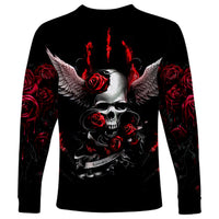 Unisex long sleeve black shirt with centered skull, burning candles motif, red wings and roses