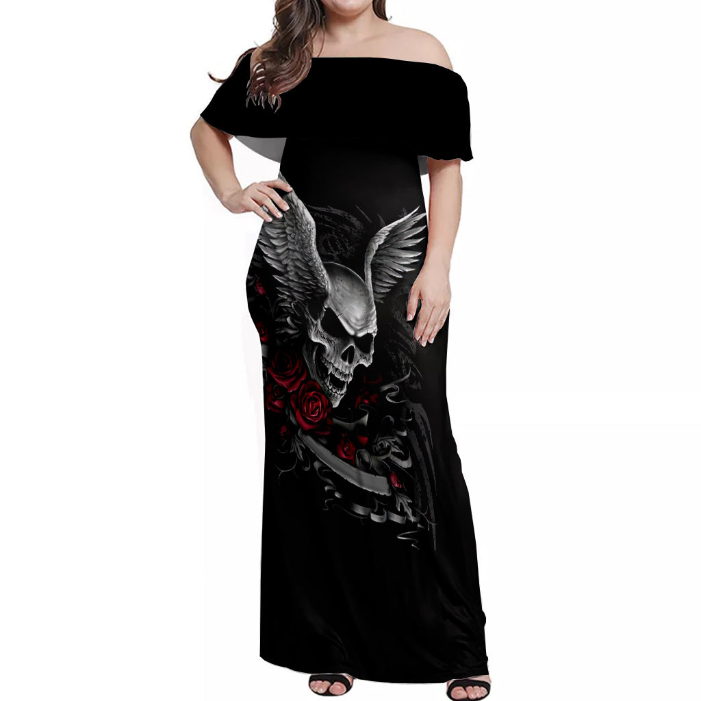 Wings Rose Skull Off Shoulder Maxi Dress Romantic Rose Skull Wings - Wonder Print Shop