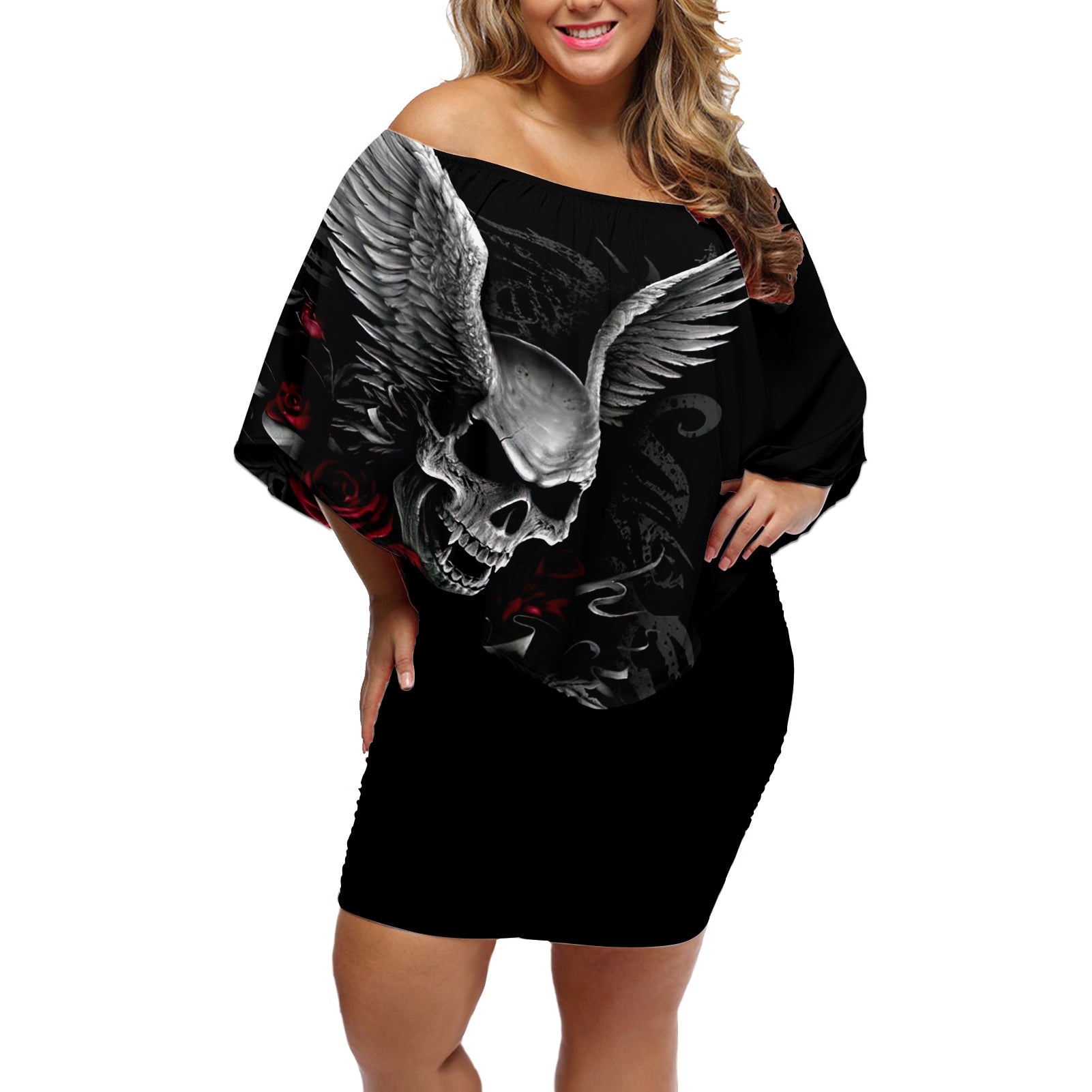 Wings Rose Skull Off Shoulder Short Dress Romantic Rose Skull Wings - Wonder Print Shop