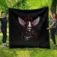 Black quilt, skull with red flames, large winged rose graphic, draped outdoors