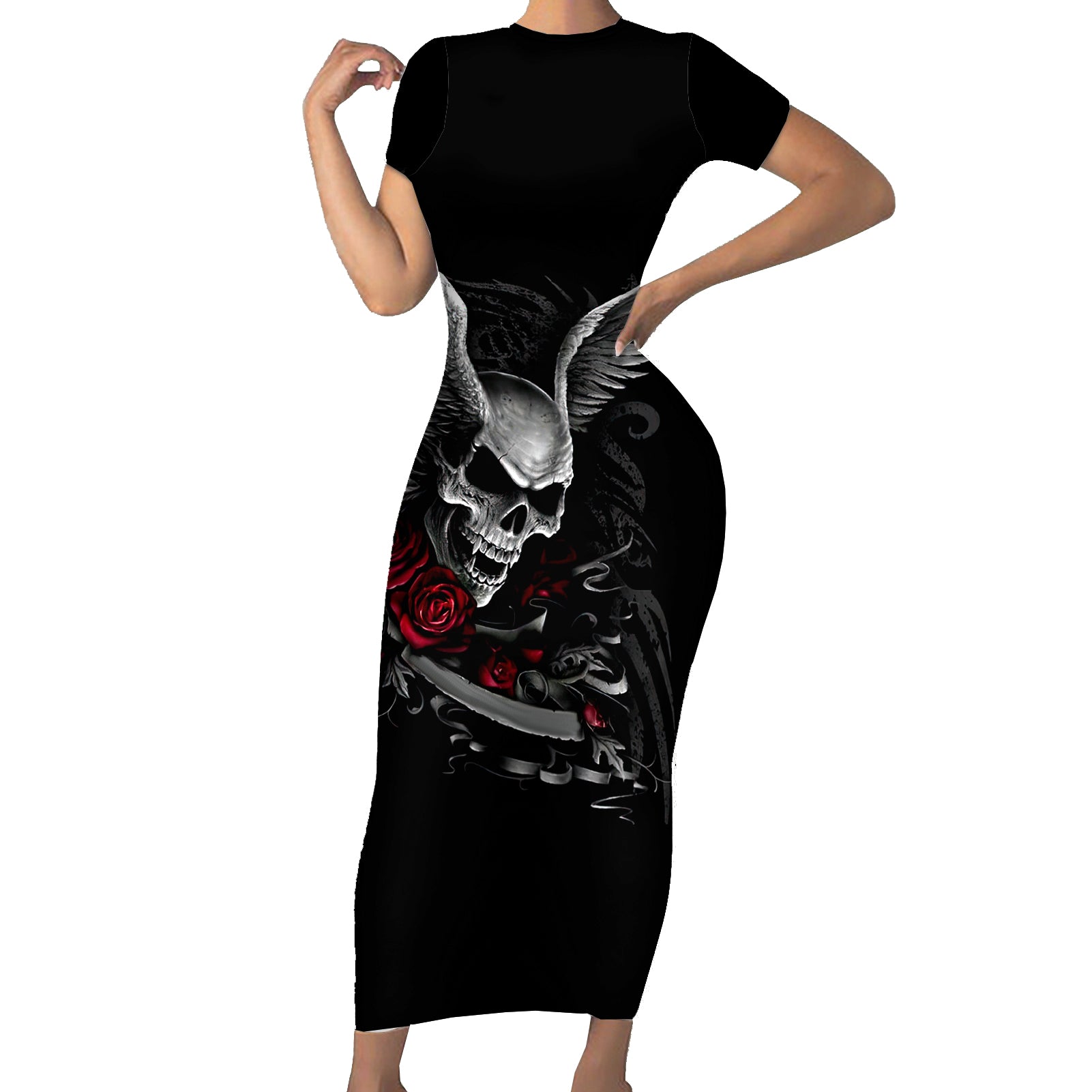 Wings Rose Skull Short Sleeve Bodycon Dress Romantic Rose Skull Wings - Wonder Print Shop