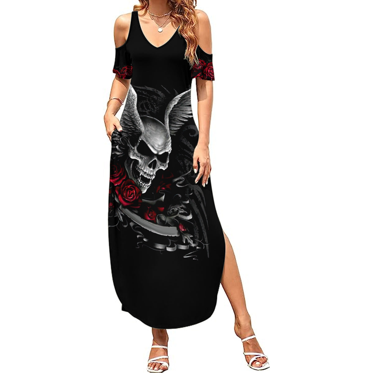 Wings Rose Skull Summer Maxi Dress Romantic Rose Skull Wings - Wonder Print Shop