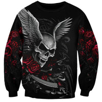 Unisex black sweatshirt with skull and gray wings, red roses, and dagger graphic