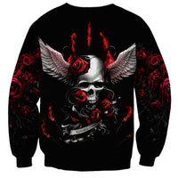 Unisex black sweatshirt with skull, spread wings, red roses and flames graphic