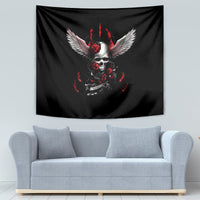 Black tapestry featuring white skull with angel wings and red roses, flame accents.