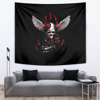 Black skull-wing tapestry above sofa, red rose flames and dark heart details.
