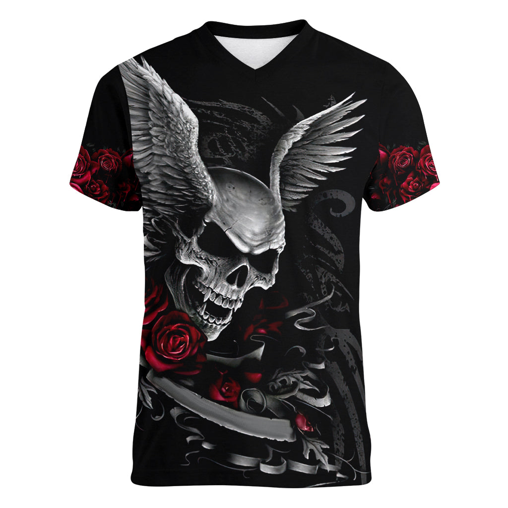 Wings Rose Skull Women V Neck T Shirt Romantic Rose Skull Wings - Wonder Print Shop