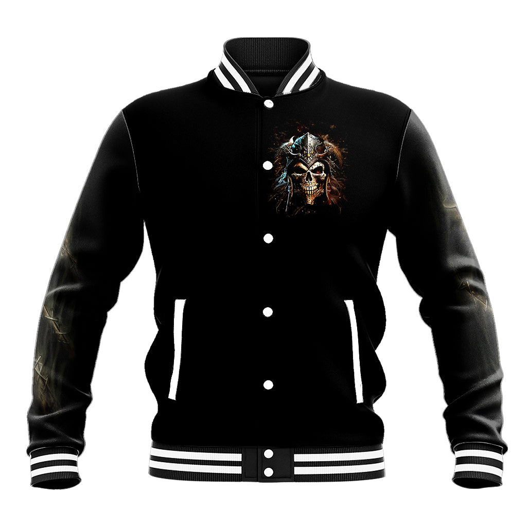 Black baseball jacket with front skull graphic, striped ribbed collar and button placket