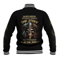 Black baseball jacket with skull graphic and striped ribbed collar, cuffs, and hem