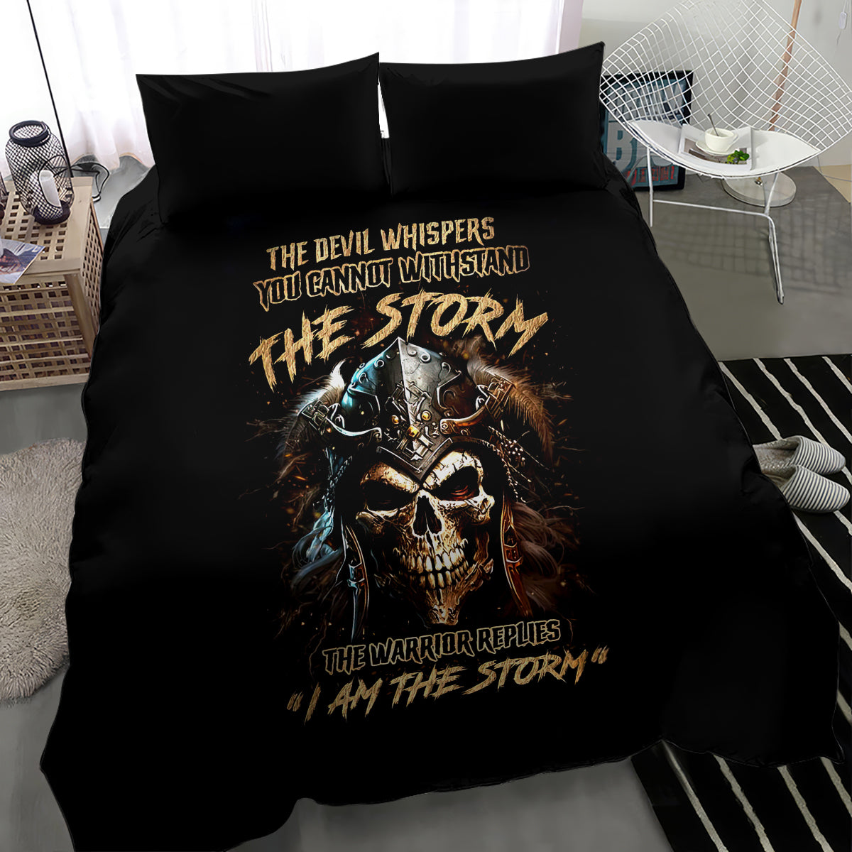 Black bedding set with skull warrior print, gold quote text, and blue highlights