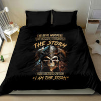 Black duvet cover and pillowcases with skull warrior artwork and storm quote