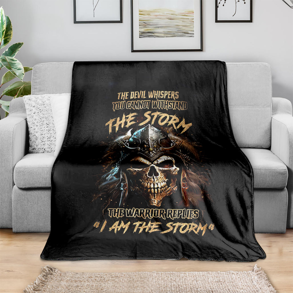 Black warrior skull blanket with storm and warrior replies text, armored skull graphic