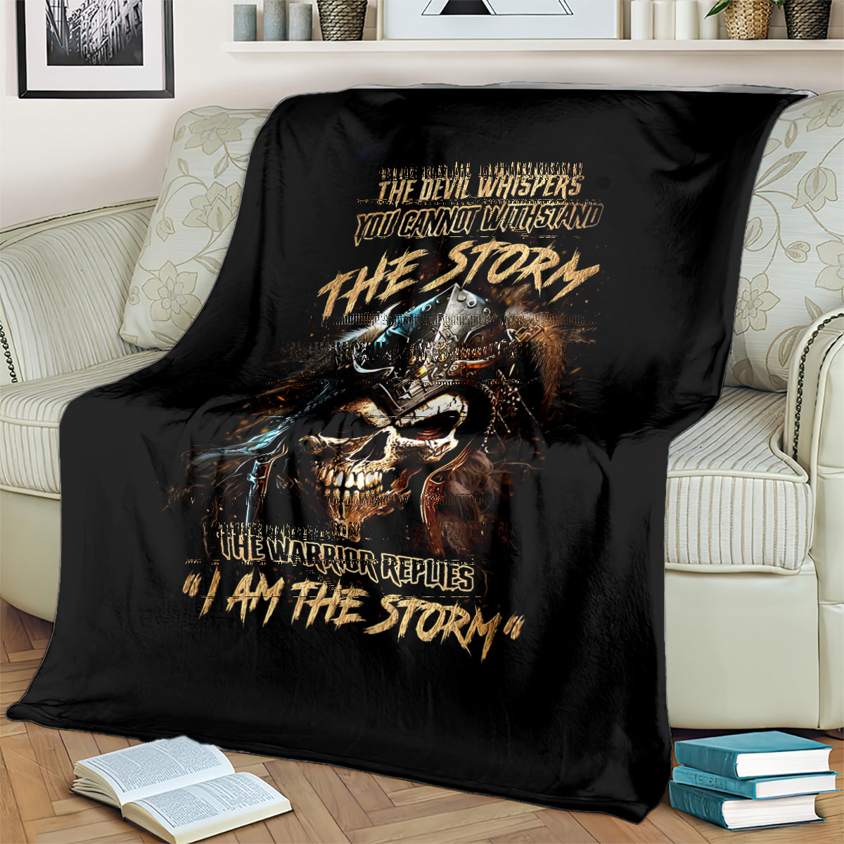 Black warrior skull blanket covering couch, featuring storm text and skull artwork