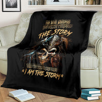 Black warrior skull blanket covering couch, featuring storm text and skull artwork