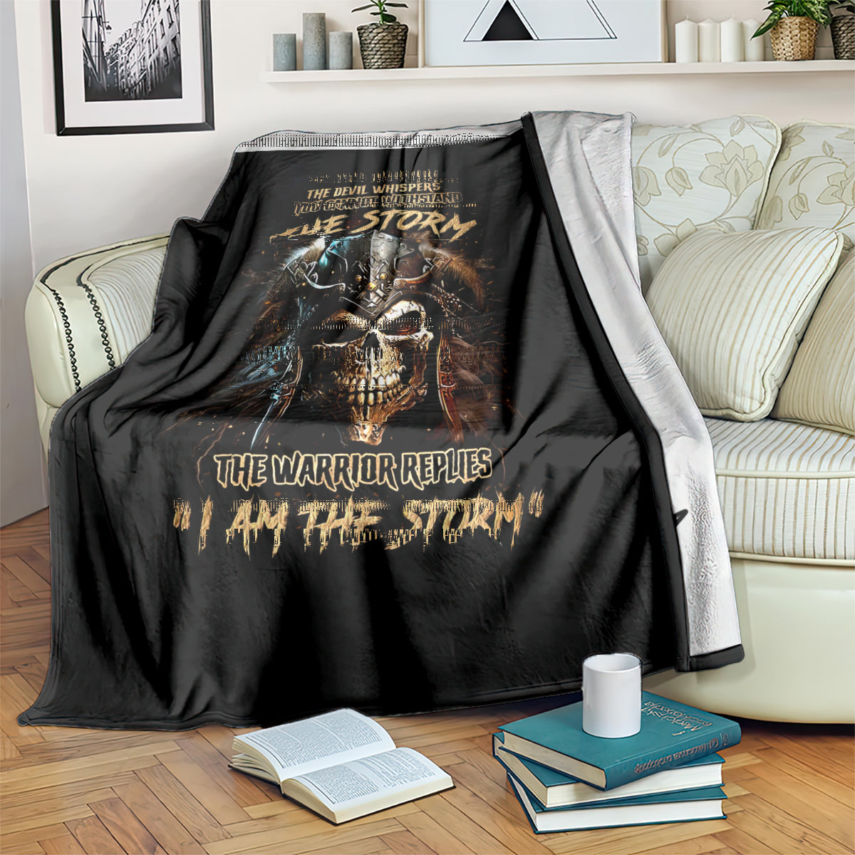 Black warrior skull blanket draped on couch with storm and warrior replies text