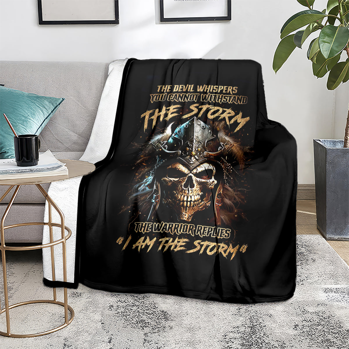 Black warrior skull blanket on sofa with storm slogan and armored skull graphic