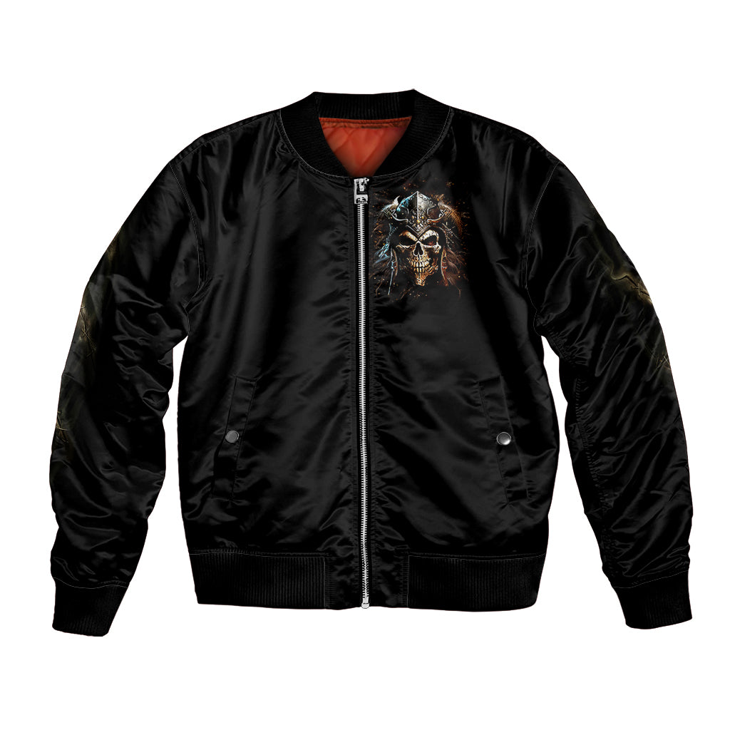 Black unisex bomber jacket, front zip-up with small skull graphic and ribbed hem cuffs