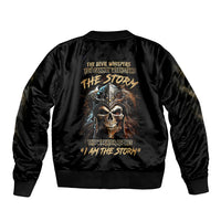 Black unisex bomber jacket with large back skull graphic, ribbed collar and cuffs