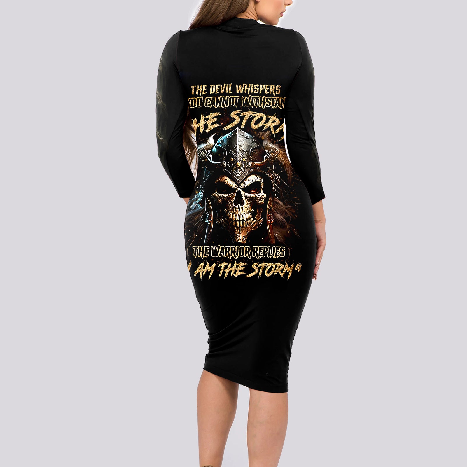 Warrior Skull Long Sleeve Bodycon Dress The Warrior Replies Iam The Storm - Wonder Print Shop