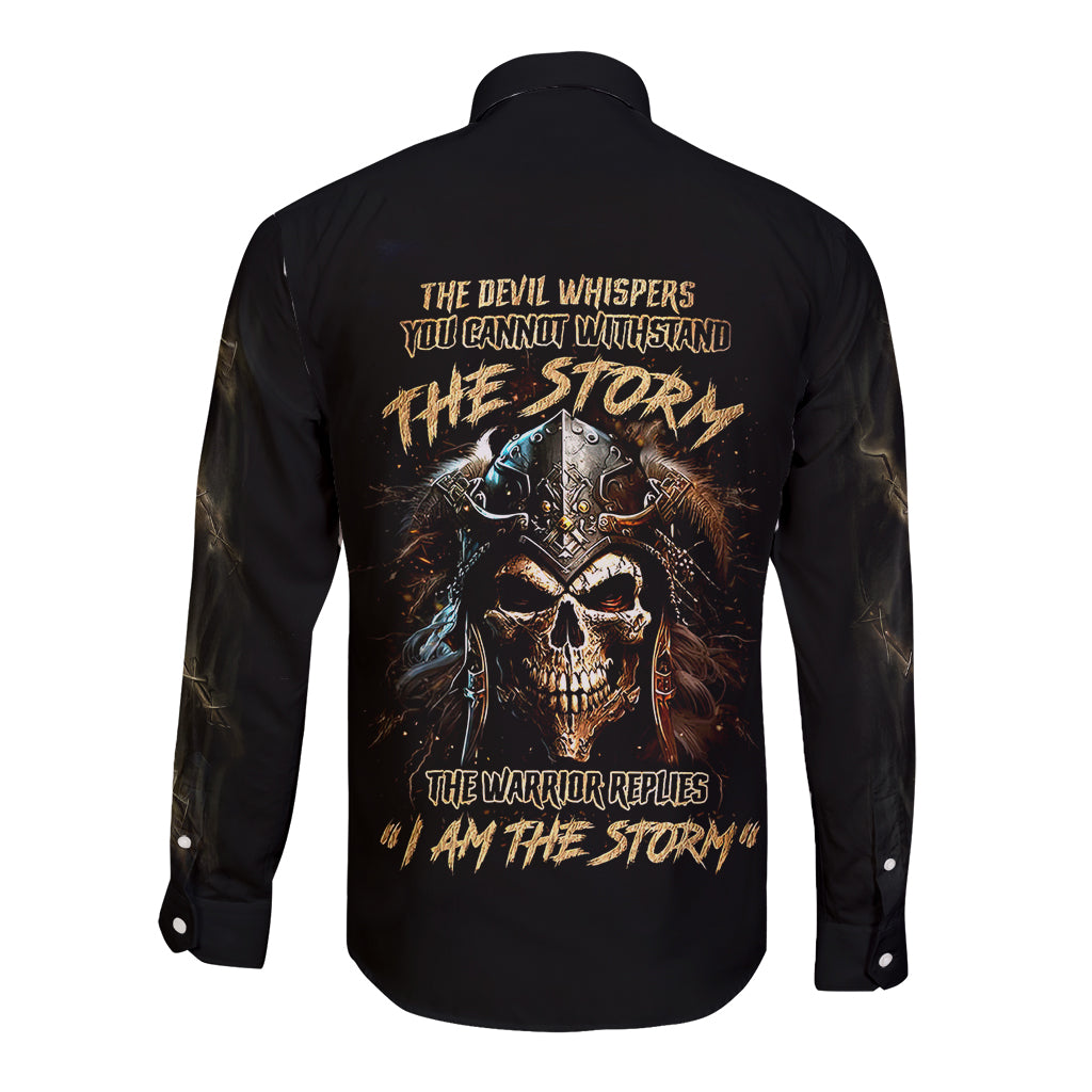 Black long-sleeve button shirt with back skull and storm graphic
