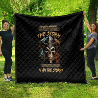 Black quilt blanket with diamond quilting and warrior skull storm graphic