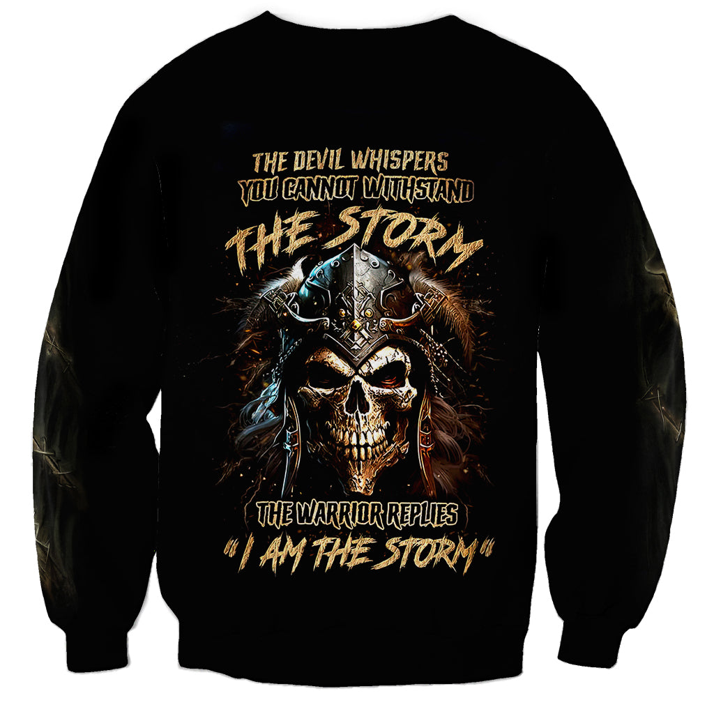 Black crewneck sweatshirt with large warrior skull storm graphic on chest