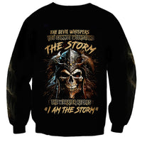 Black crewneck sweatshirt with large warrior skull storm graphic on chest