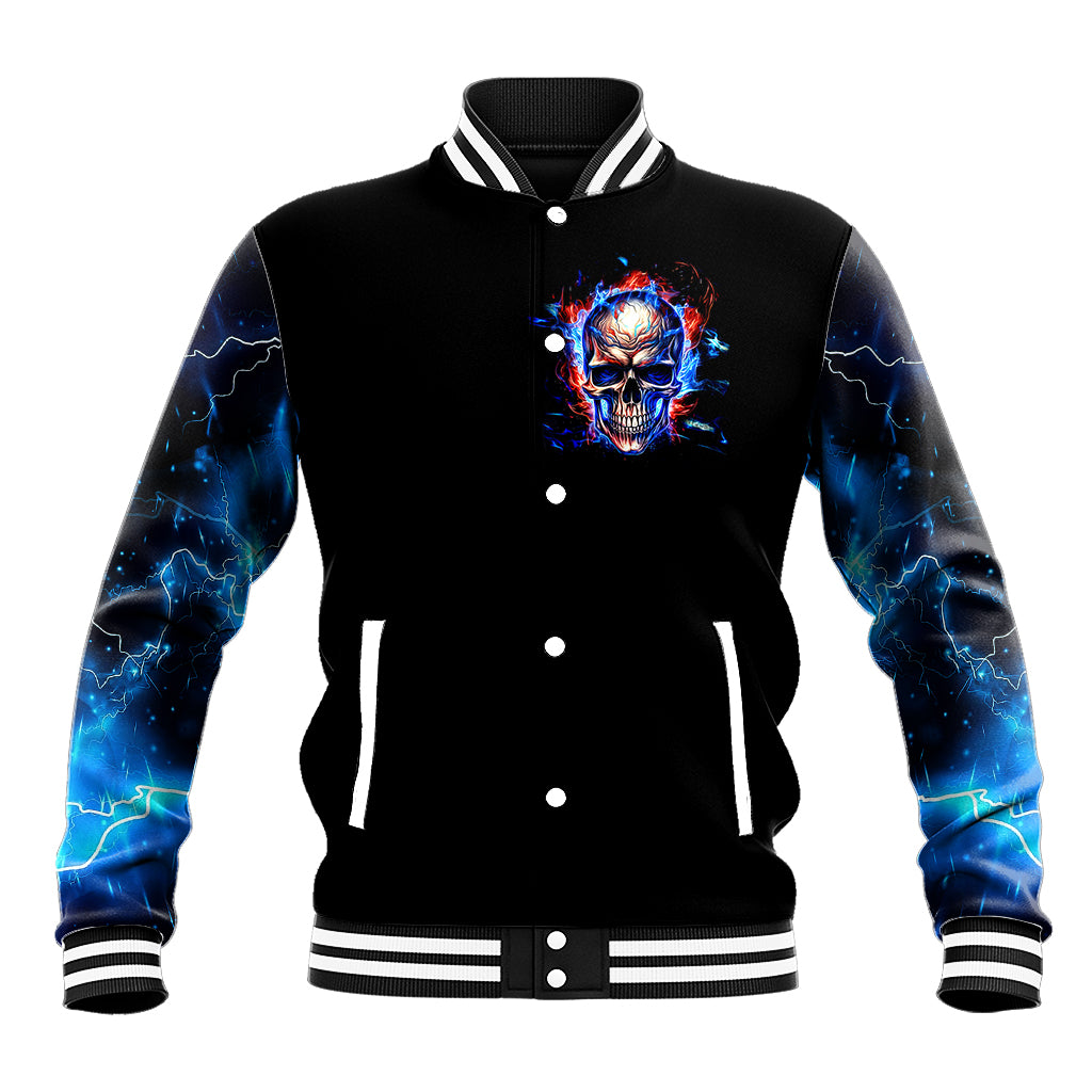 Black baseball jacket with button-front, striped ribbed collar, front fire skull graphic
