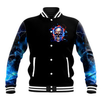 Black baseball jacket with button-front, striped ribbed collar, front fire skull graphic