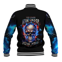 Black baseball jacket with striped ribbed collar, back fire skull graphic