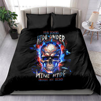 Black bedding set with fire skull graphic and two matching pillowcases