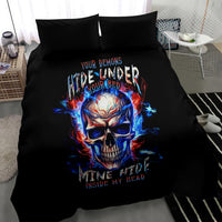 Black bedding set featuring fire skull graphic and two matching pillowcases