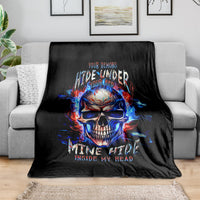 Black throw blanket with fiery blue-red skull graphic and flame accents