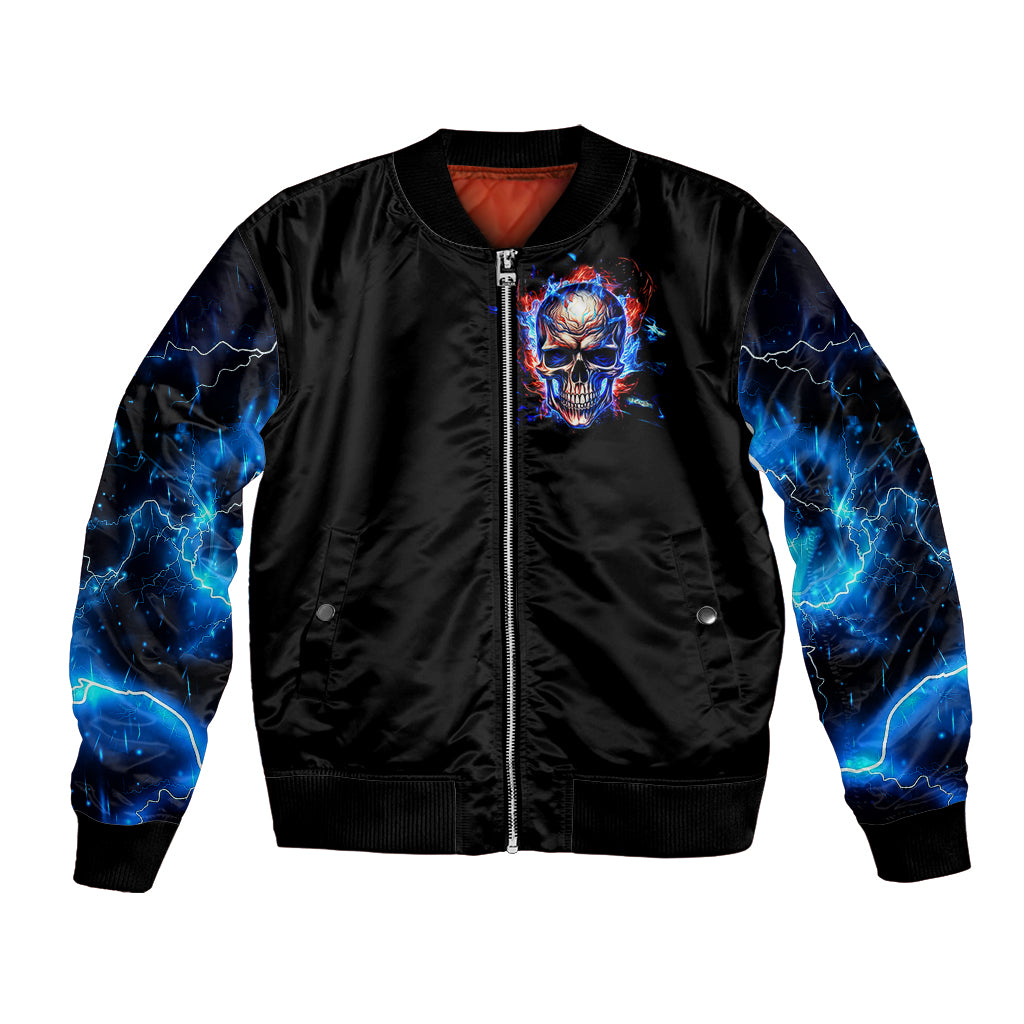 Black unisex bomber jacket with front zip, blue flame skull graphic, blue energy sleeves