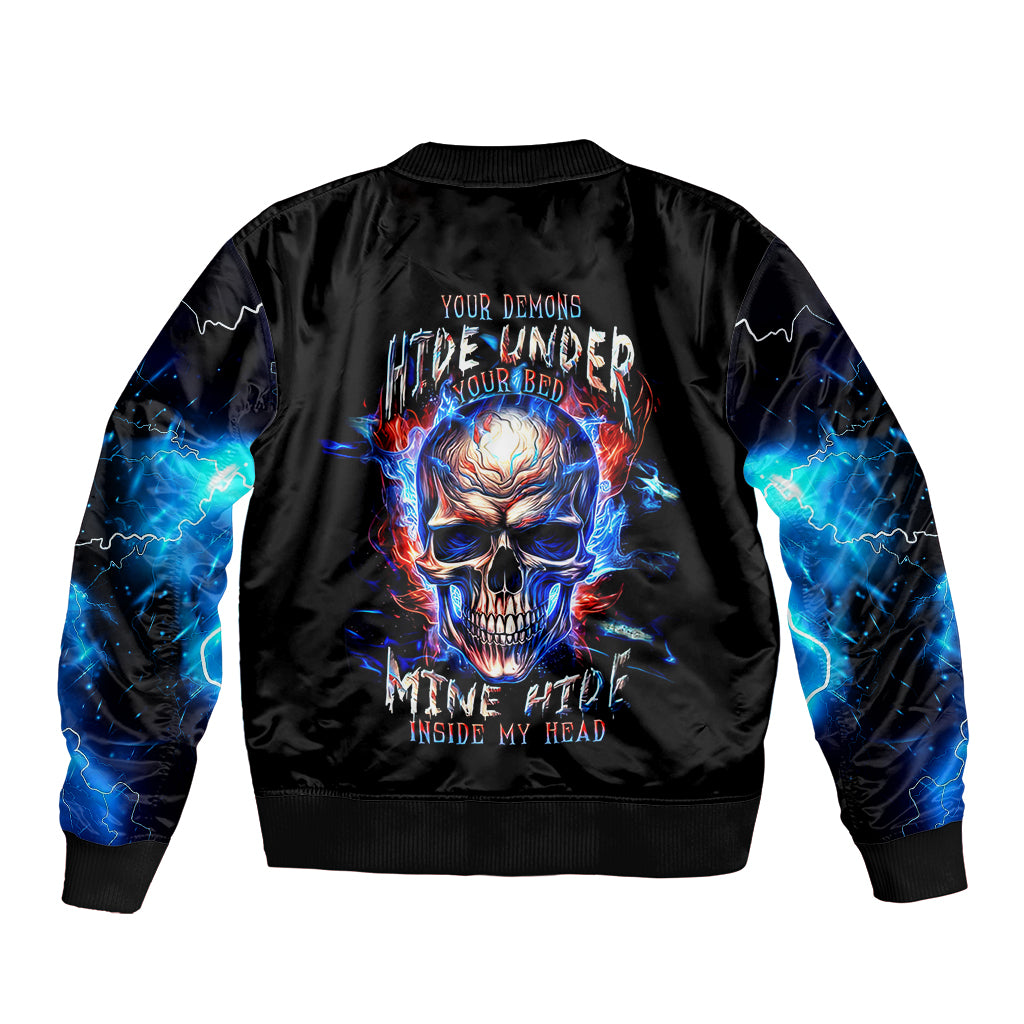 Fire Skull Bomber Jacket Your Demon Hide Under Your Bed - Wonder Print Shop