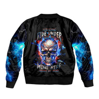 Black unisex bomber jacket with blue flame skull graphic on back, ribbed collar and cuffs
