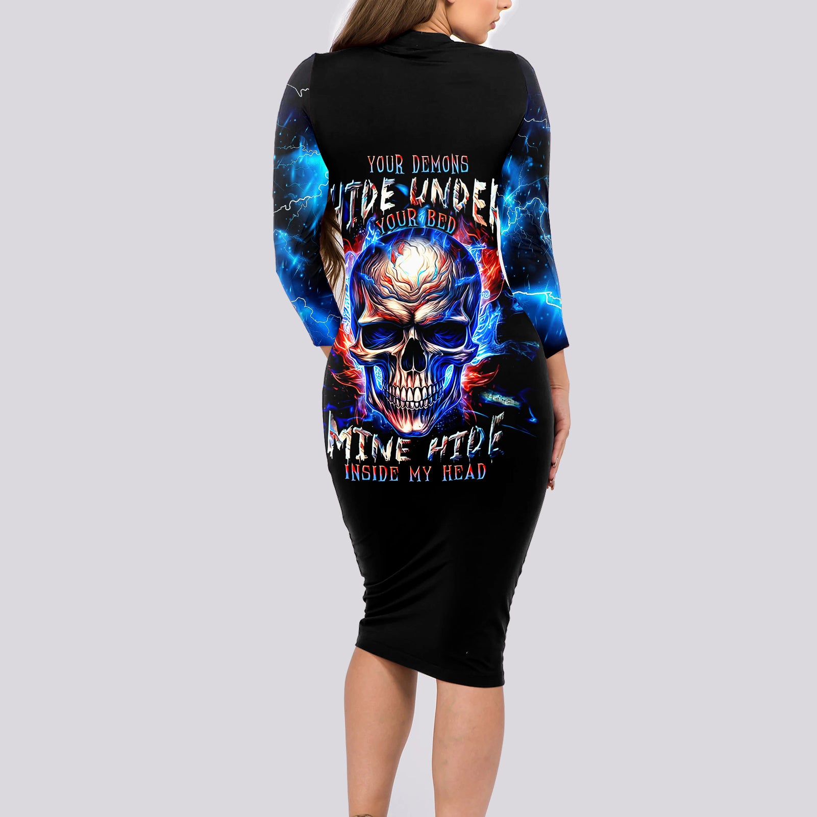 Fire Skull Long Sleeve Bodycon Dress Your Demon Hide Under Your Bed - Wonder Print Shop