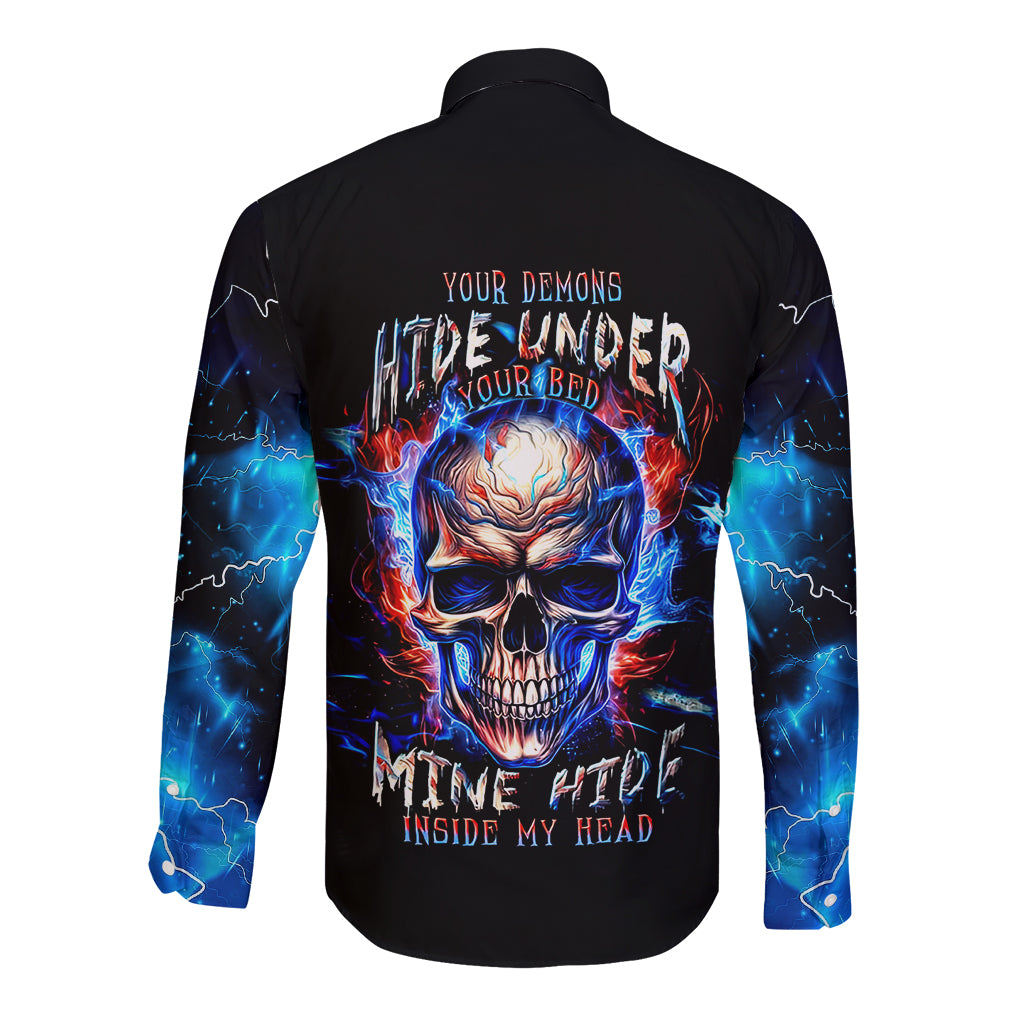Black long sleeve button shirt with fiery skull back graphic and blue lightning sleeves