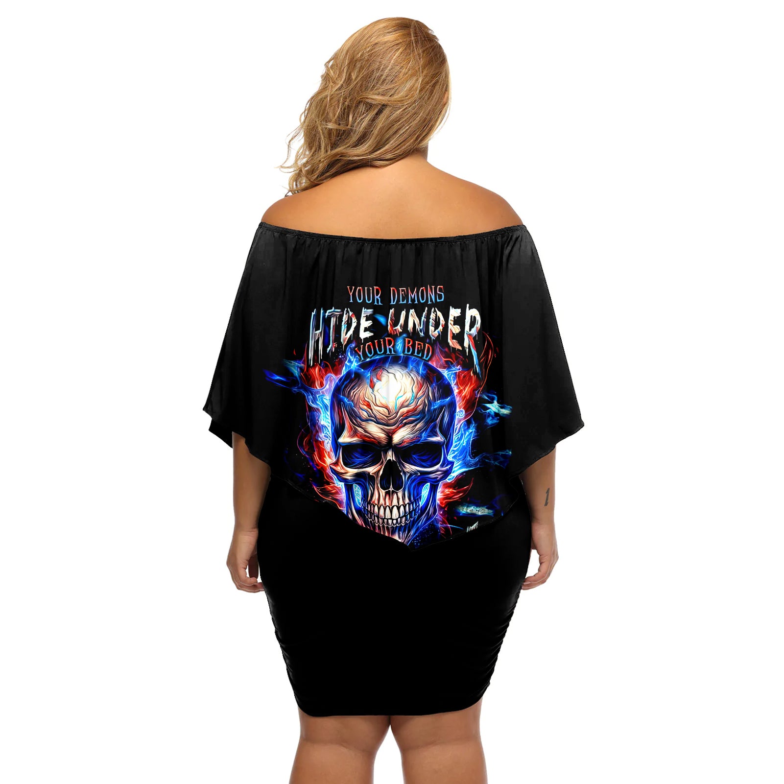 Fire Skull Off Shoulder Short Dress Your Demon Hide Under Your Bed - Wonder Print Shop