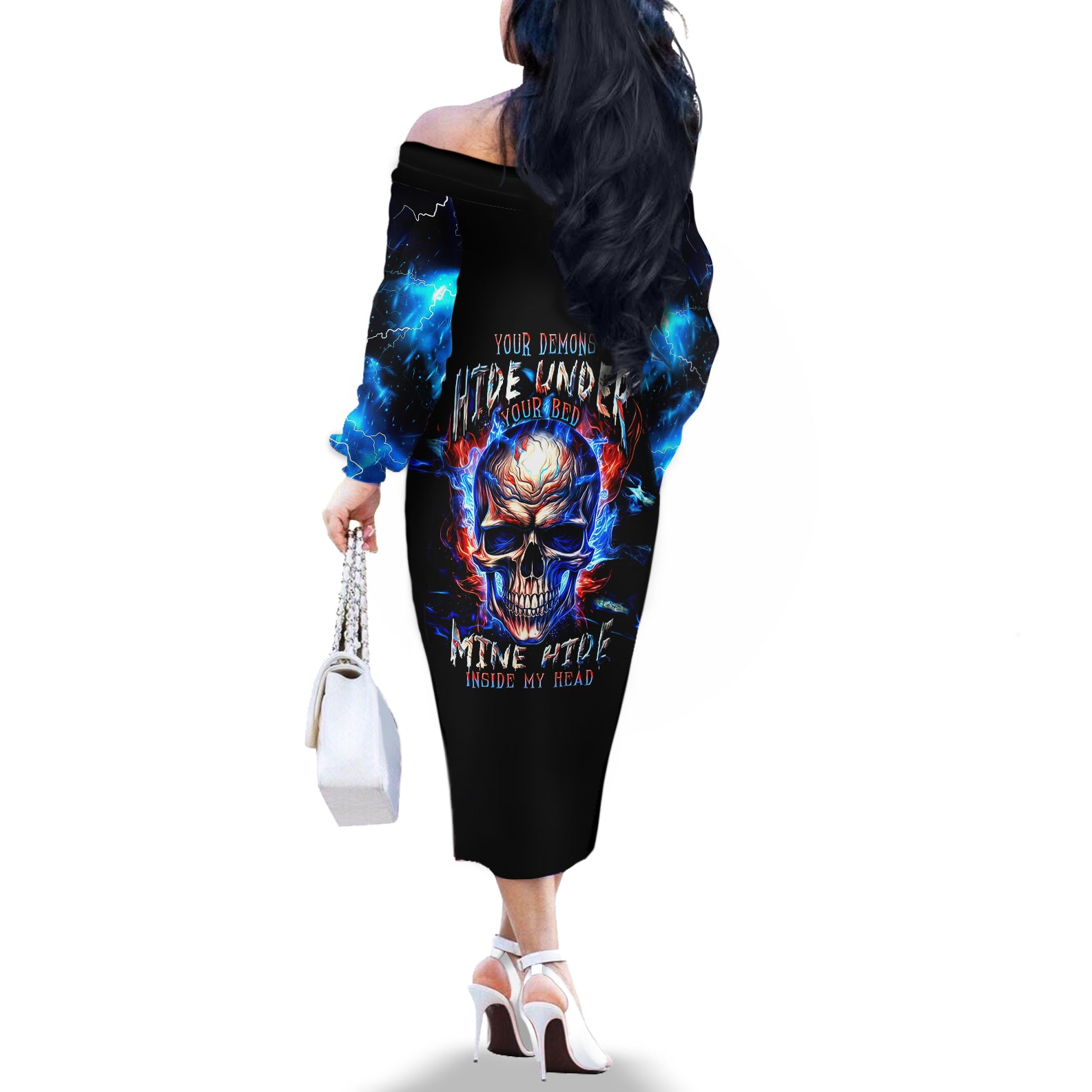 Fire Skull Off The Shoulder Long Sleeve Dress Your Demon Hide Under Your Bed - Wonder Print Shop