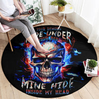 Black round skull graphic carpet rug with fiery blue flames and jagged lettering