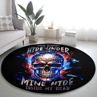 Round black skull graphic carpet rug with blue and red flame details